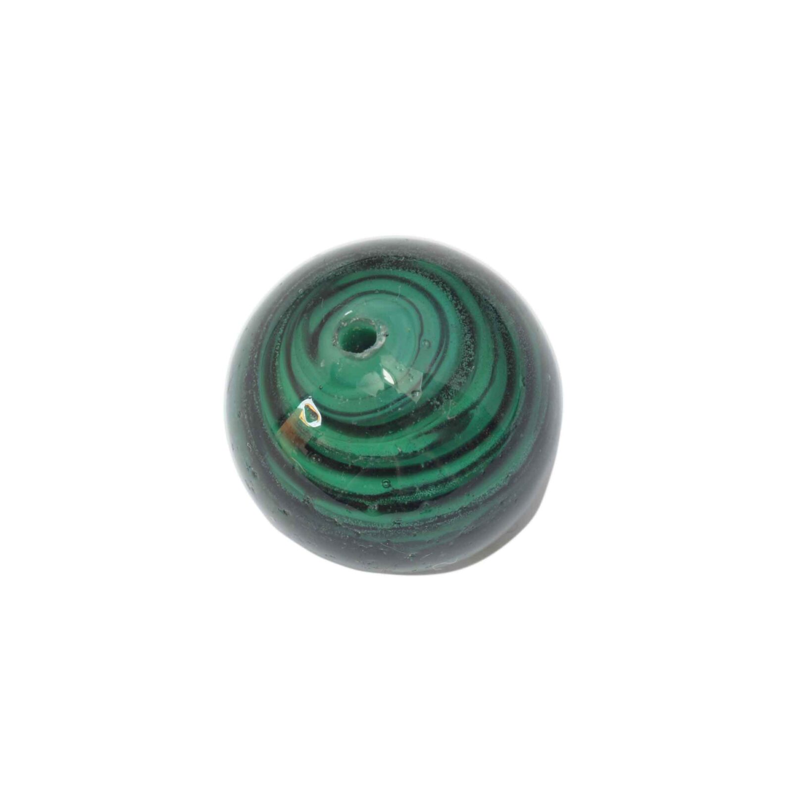 Groene ronde glaskraal met zwarte strepen