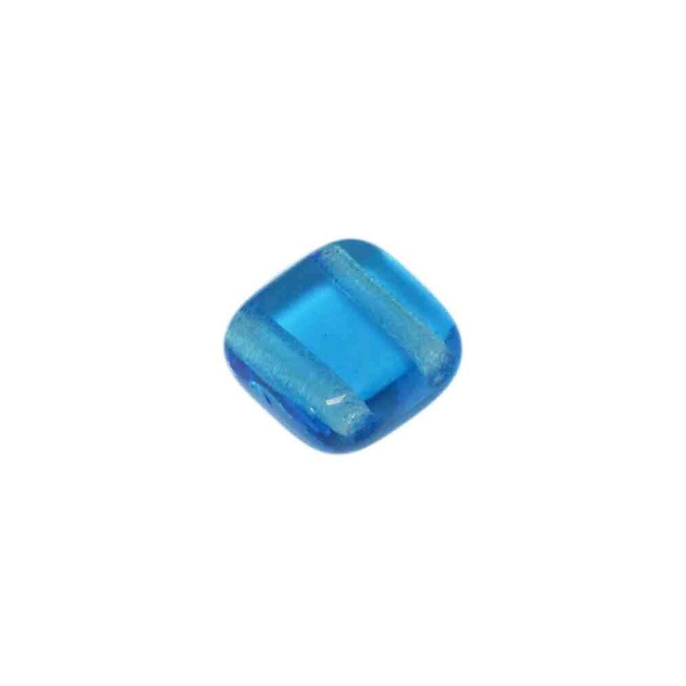 Blauwe platte kubus glaskraal met twee gaatjes
