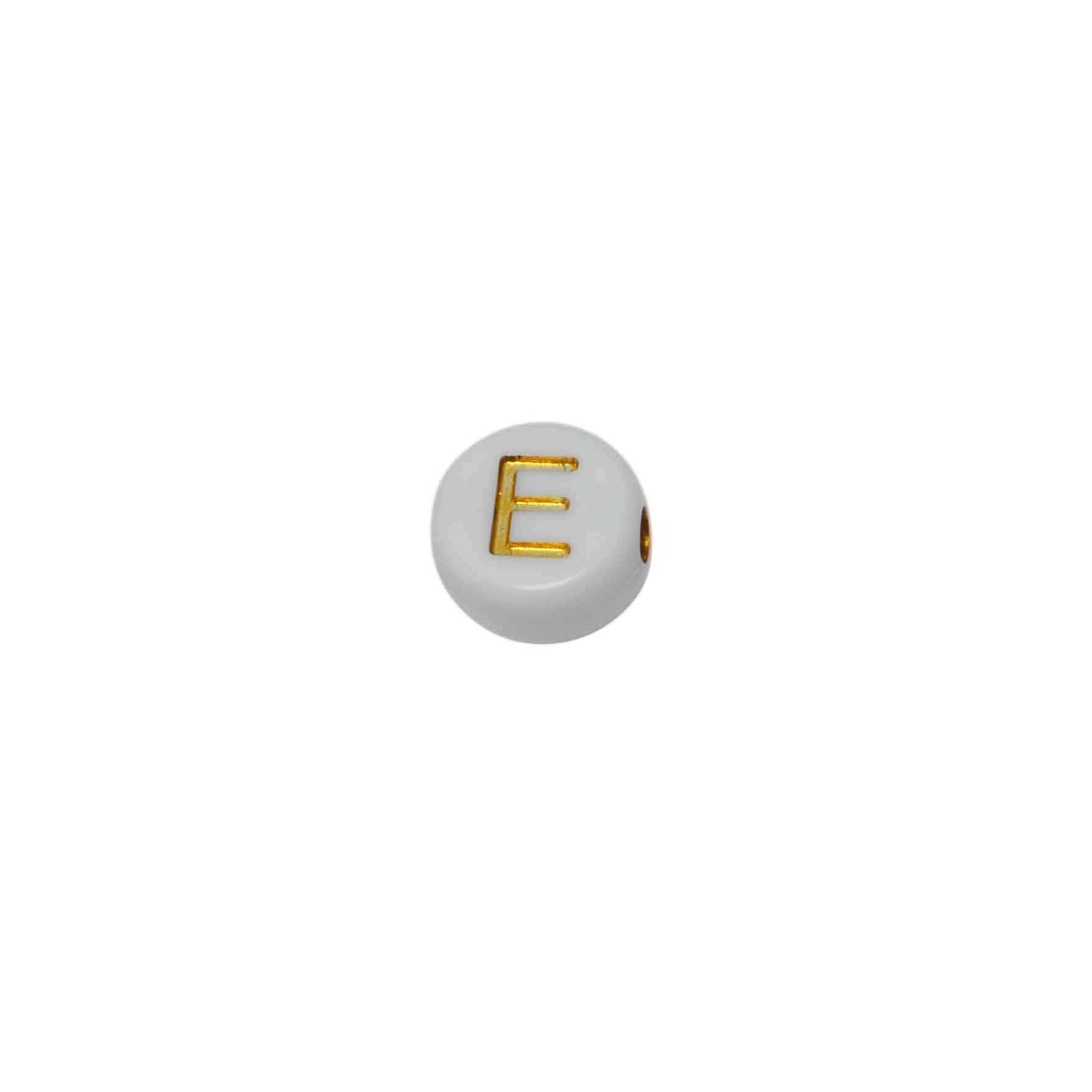 Witte ronde kraal met blinkende letter E 2
