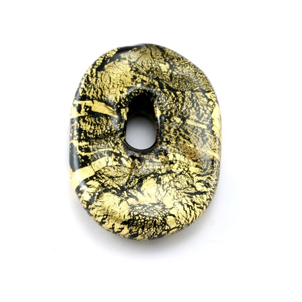 Venetiaanse ovale glaskraal (donut) zwart - goudkleurig