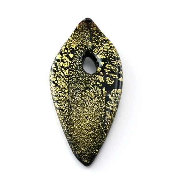 Venetiaanse glaskraal in de vorm van een veer zwart - goudkleurig
