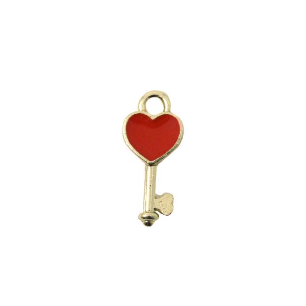 Goudkleurige bedel sleutel met rood hartje