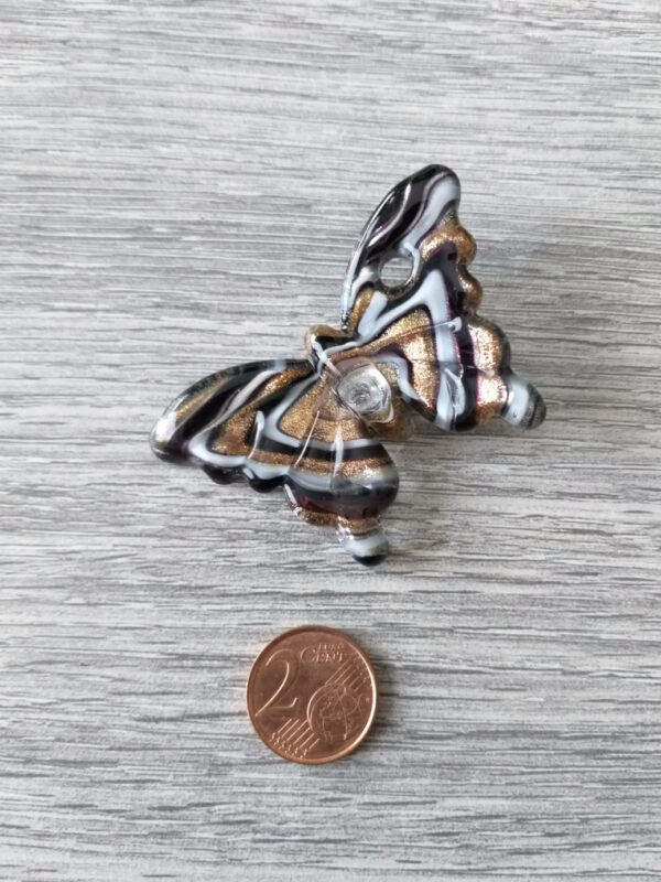 Grote goudkleurige, zwarte en witte Venetiaanse hanger in de vorm van een vlinder (glas) 2