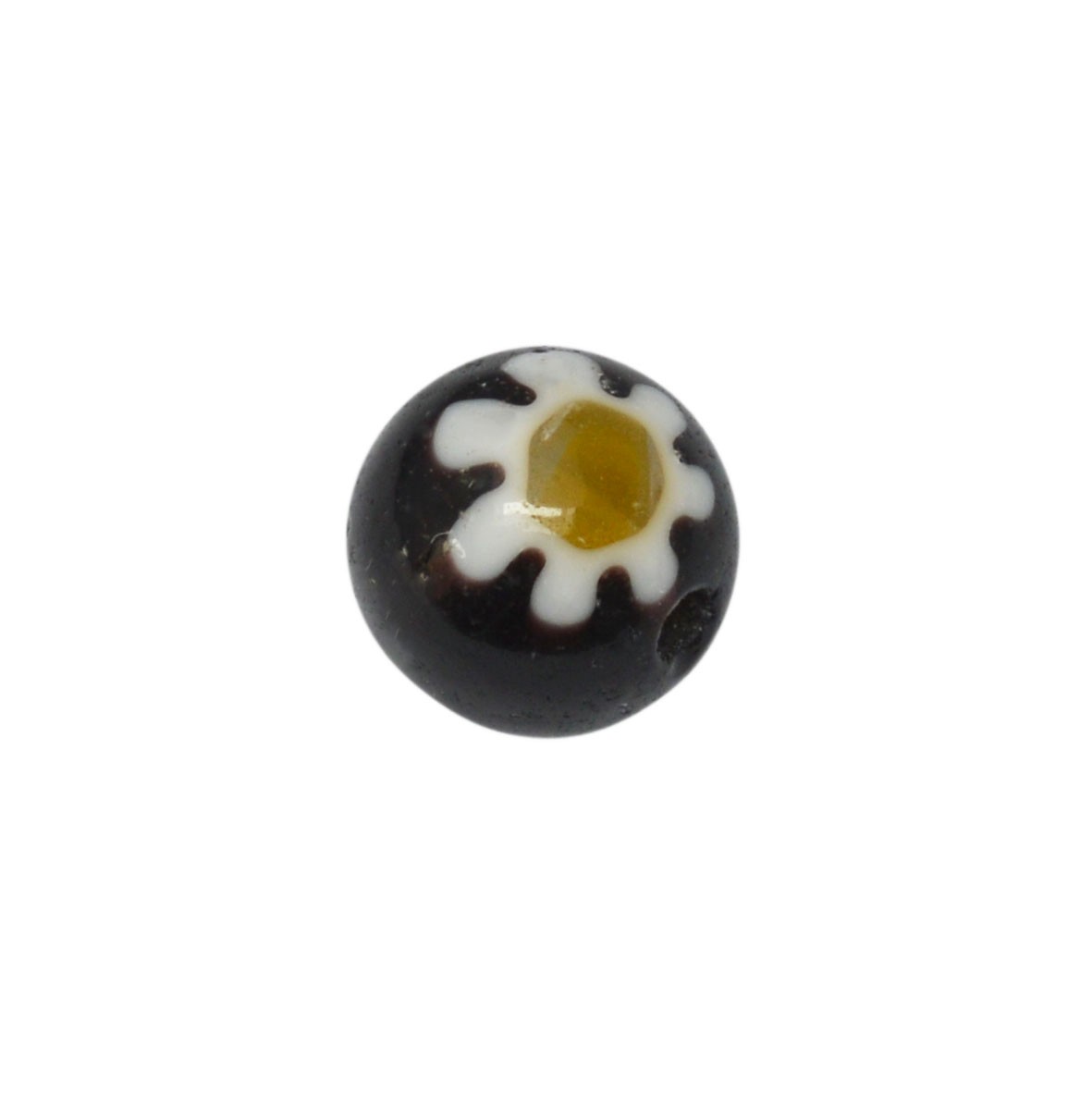 Zwarte - witte - gele millefiori glaskraal met bloemen (8 mm) 2
