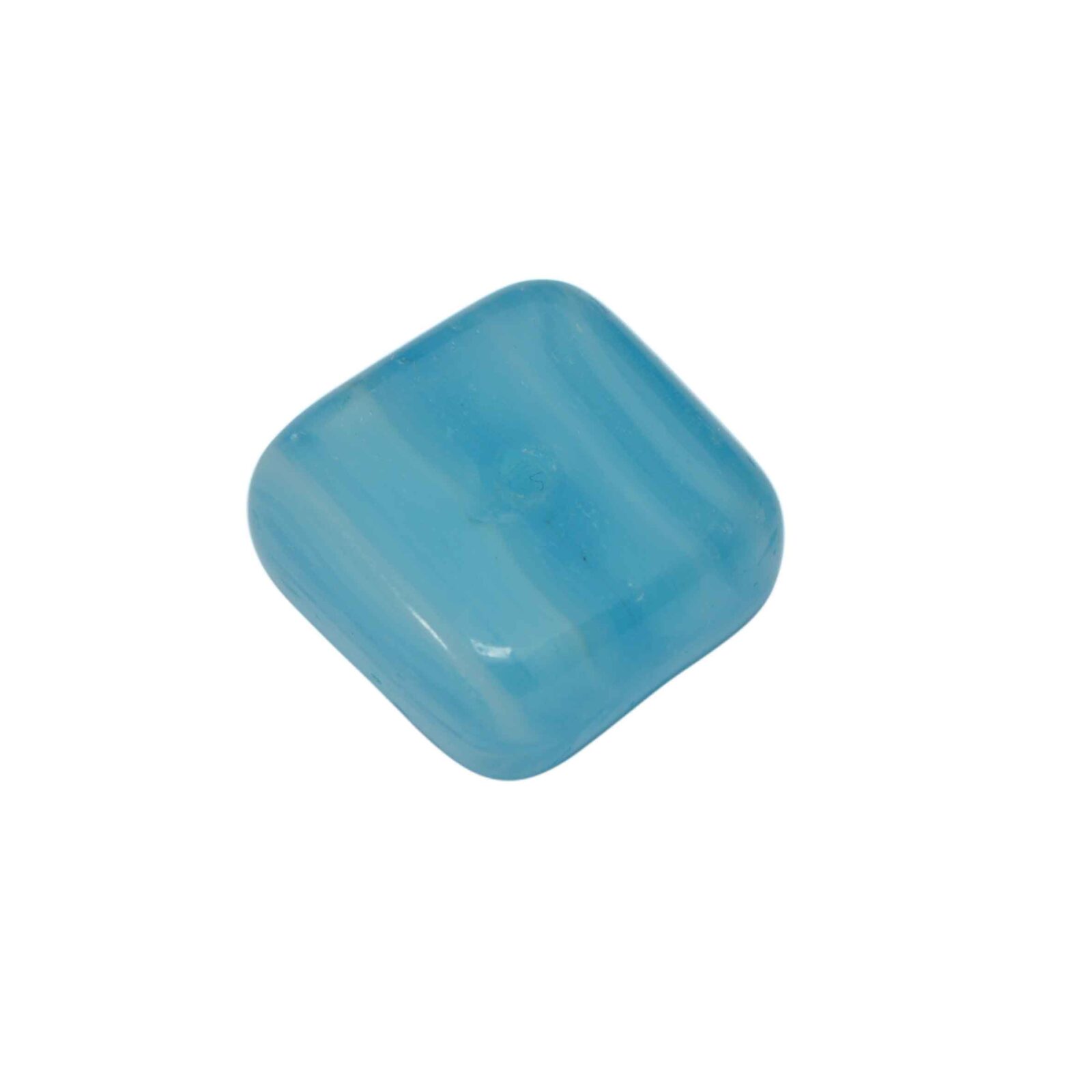 Blauwe kubus glaskraal met witte strepen