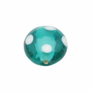 Turquoise ronde platte glaskraal met witte stippen