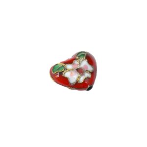 Rode/roze/witte/goudkleurige & groene gepartitioneerde glaskraal met een bloem in de vorm van een hart