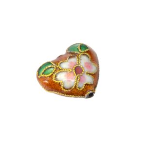 Bruine/roze/witte/rode/goudkleurige & groene gepartitioneerde glaskraal met een bloem in de vorm van een hart