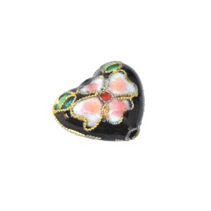 Zwarte/witte/roze/groene/rode & goudkleurige gepartitioneerde glaskraal met een bloem in de vorm van een hart