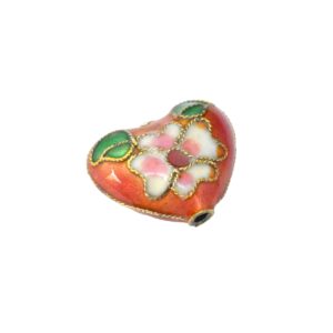 Oranje/roze/witte/rode/goudkleurige & groene gepartitioneerde glaskraal met een bloem in de vorm van een hart