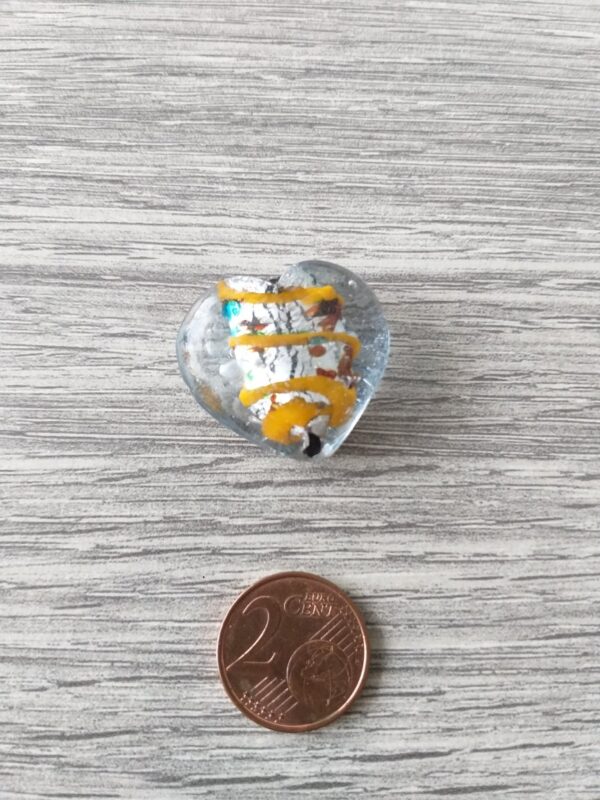 Kristal kleurige/zilverkleurige/gele hartvormige folie glaskraal met verschillende kleuren stippen 2