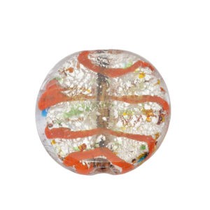 Rode/zilverkleurige ronde folie glaskraal met verschillende kleuren stippen