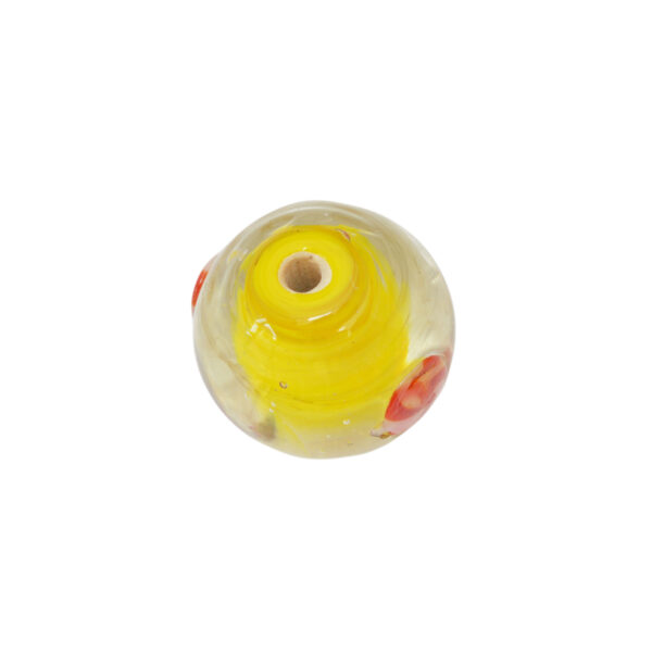 Kristal kleurige/gele ronde glaskraal – keramiek met rode/witte tekening