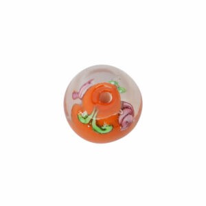 Oranje/kristal kleurige ronde glaskraal - keramiek met groene/paarse tekeningen