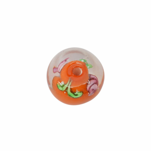 Oranje/kristal kleurige ronde glaskraal - keramiek met groene/paarse tekeningen