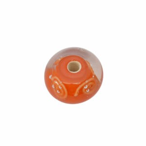 Oranje/kristal kleurige ronde glaskraal – keramiek met witte/roze tekeningen