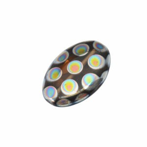 Bruine ovale glaskraal met zilverkleurige/blauwe/oranje/groene stippen