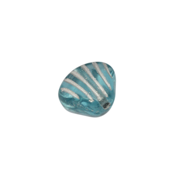 Blauwe/zilverkleurige glaskraal in de vorm van een schelp