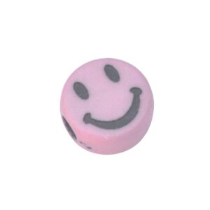 Roze/zwarte ronde acryl kraal - smiley